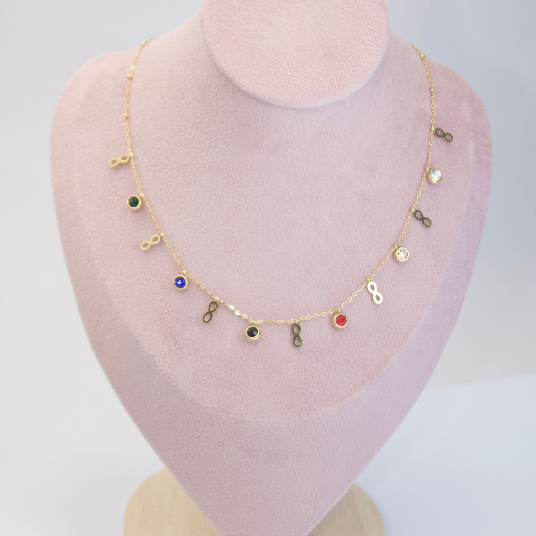 Colorful Gemstone and Infinity Charm Necklace