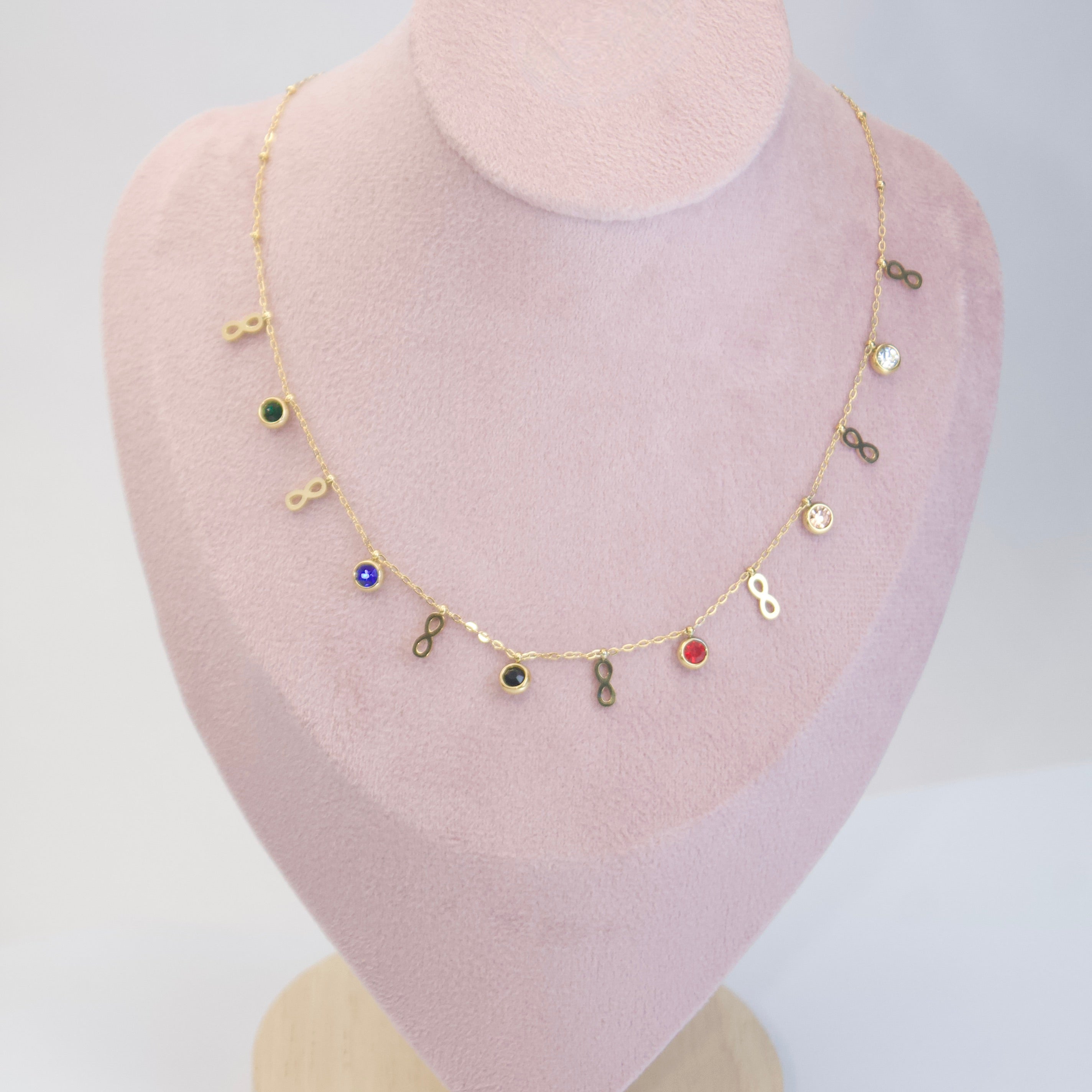 Colorful Gemstone and Infinity Charm Necklace